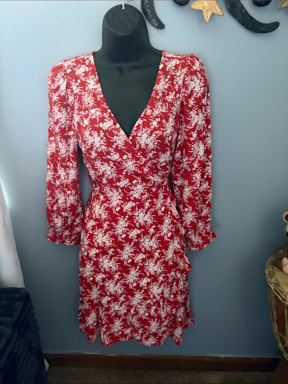 American Eagle Outfitters Red Floral Wrap-Style Long Sleeve Dress